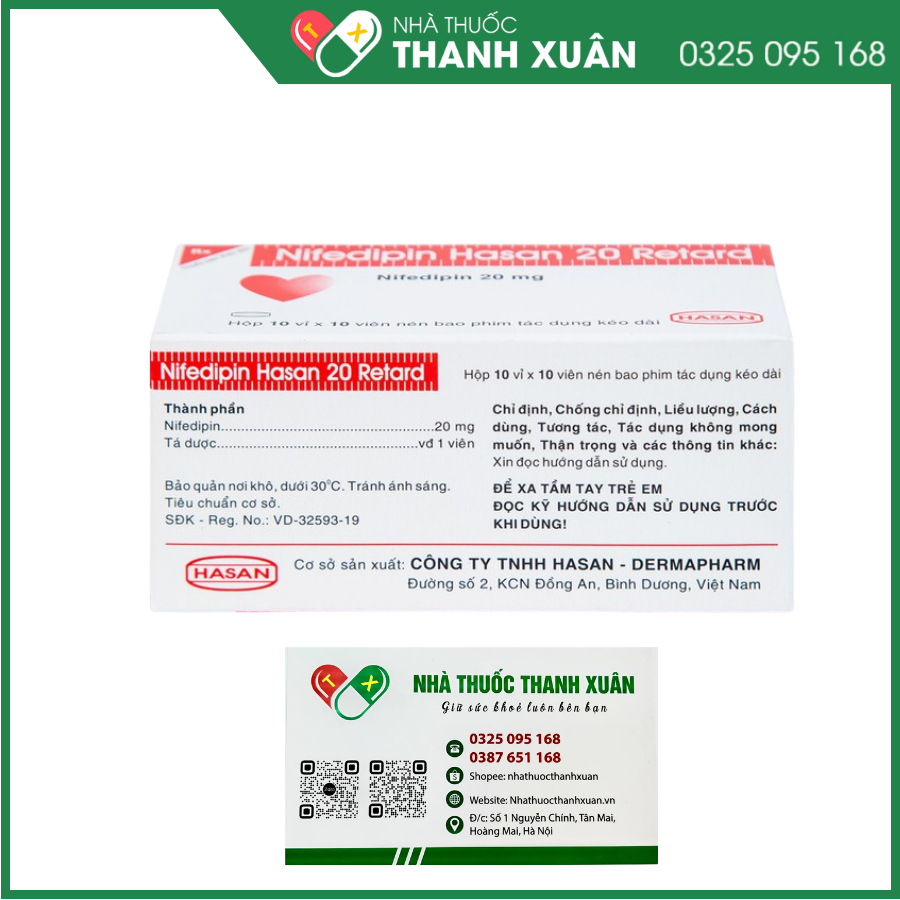Nifedipin Hasan 20 Retard trị tăng huyết áp, đau thắt ngực